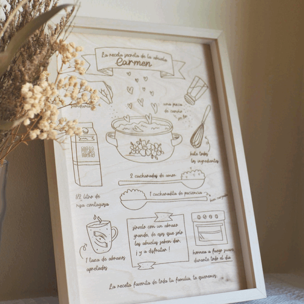 Cuadro personalizado Receta de la Abuela en madera con dedicatoria personalizada
