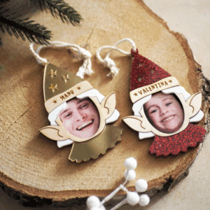 Elfo personalizado de Navidad con foto y nombre grabado en madera y acrílico